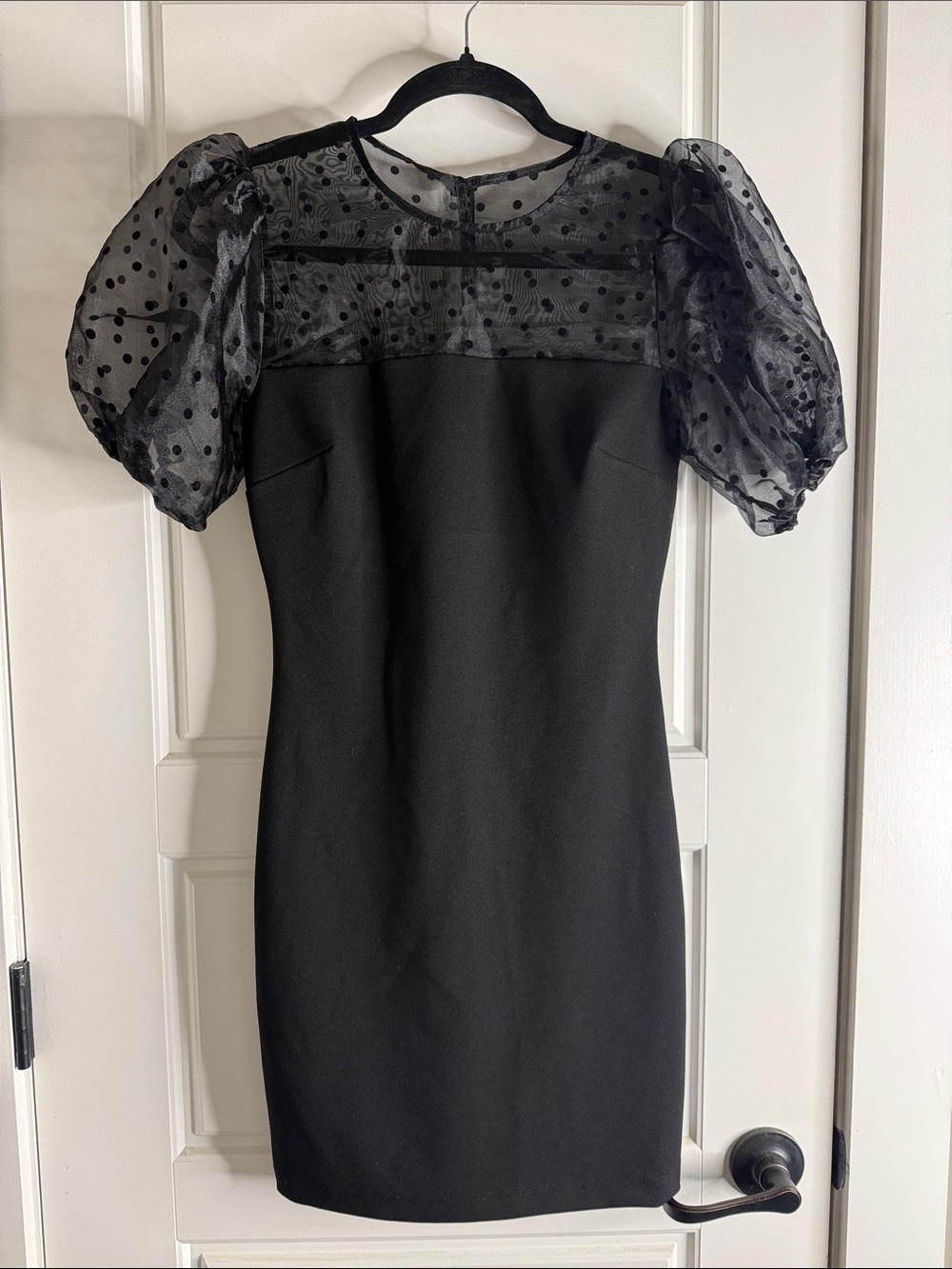 B Darlin Black Puff-Sleeve Mini Dress with Polka Dot Sheer Yoke